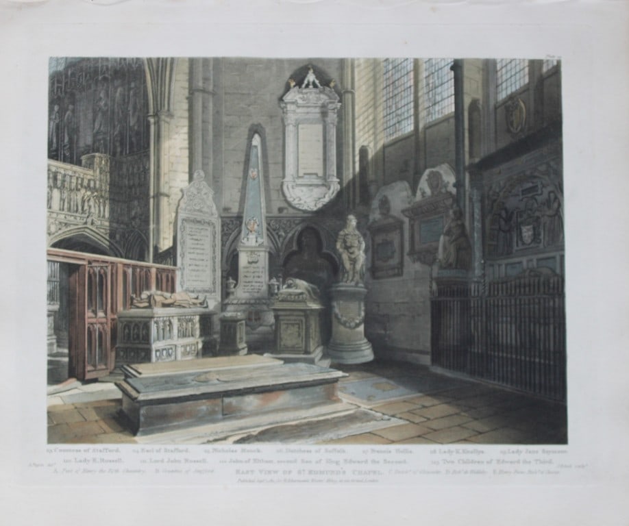 A Pugin - St Edmund's Chapel in Westminster Abbey engraved by J Bluck 1812: This aquatint print is from The History of the Abbey Church of St. Peter's Westminster, Its Antiquities and Monuments by Rudolph Ackermann and William Combe, published in London 1812.One of the quinte