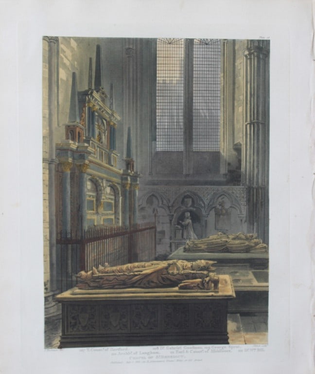 F Mackenzie - Chapel of St Benedict in Westminster Abbey engraved by J Bluck 1812: This aquatint print is from The History of the Abbey Church of St. Peter's Westminster, Its Antiquities and Monuments by Rudolph Ackermann and William Combe, published in London 1812.One of the quinte