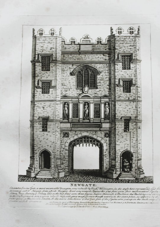 John Thomas Smith - Engraving of Newgate, London 1791: An original engraving from John Thomas Smith's Antiquities of London and its Environs. Published in London by T Sewell, J Manson et al 1791.Engraved by John Thomas "Antiquity" Smith (1766-1833), the d
