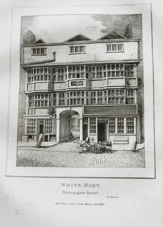 John Thomas Smith - Engraving of White Hart, Bishopsgate, London 1791: An original engraving from John Thomas Smith's Antiquities of London and its Environs. Published in London by T Sewell, J Manson et al 1791.Engraved by John Thomas "Antiquity" Smith (1766-1833), the d