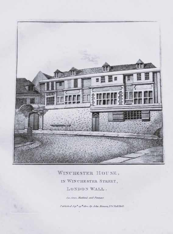 John Thomas Smith - Engraving of Winchester House, London 1791: An original engraving from John Thomas Smith's Antiquities of London and its Environs. Published in London by T Sewell, J Manson et al 1791.Engraved by John Thomas "Antiquity" Smith (1766-1833), the d