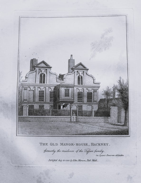 John Thomas Smith - Engraving of Old Manor House, Hackney, London 1791: An original engraving from John Thomas Smith's Antiquities of London and its Environs. Published in London by T Sewell, J Manson et al 1791.Engraved by John Thomas "Antiquity" Smith (1766-1833), the d