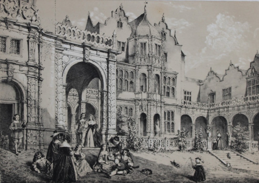 Nash J - Lithograph of Holland House, Kensington 1869: This lithograph of Holland House, Kensington is from The Mansions of England in the Olden Time by Joseph Nash. Printed by M & N Hanhart and published by Henry Sotheran & Co., London, in four parts fro