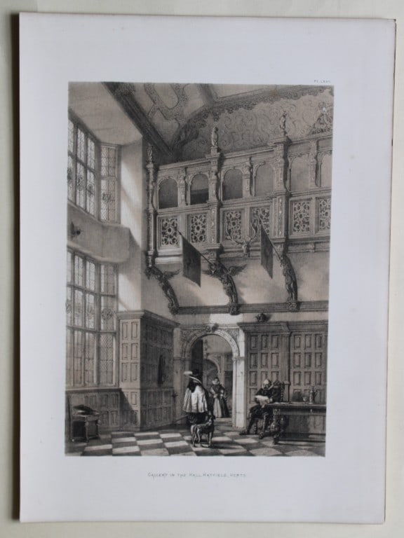 Nash J - Lithograph of Hatfield House, Hertfordshire 1869: This lithograph of the Gallery in the Hall at Hatfield House, Hertfordshire is from The Mansions of England in the Olden Time by Joseph Nash. Printed by M & N Hanhart and published by Henry Sotheran &