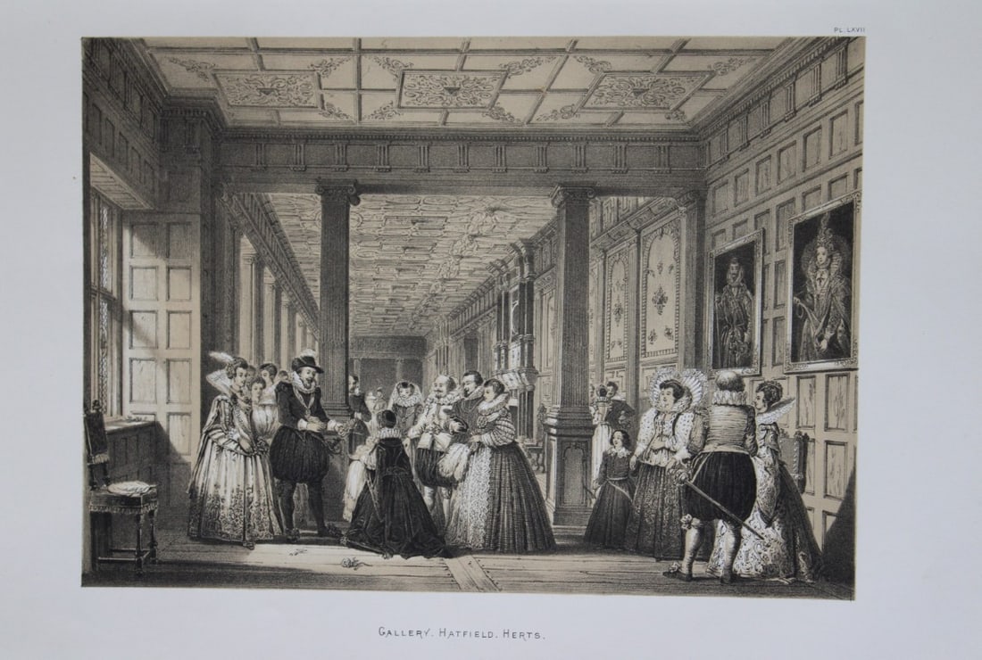Nash J - Lithograph of Hatfield House, Hertfordshire 1869: This lithograph of the Gallery at Hatfield House, Hertfordshire is from The Mansions of England in the Olden Time by Joseph Nash. Printed by M & N Hanhart and published by Henry Sotheran & Co., London