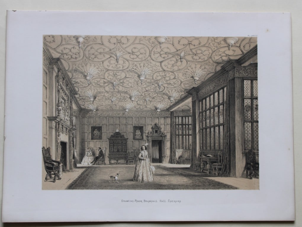 Nash J - Lithograph of Bramhall Hall, Cheshire 1869: This lithograph of the Drawing Room at Bramhall Hall in Cheshire is from The Mansions of England in the Olden Time by Joseph Nash. Printed by M & N Hanhart and published by Henry Sotheran & Co., Londo