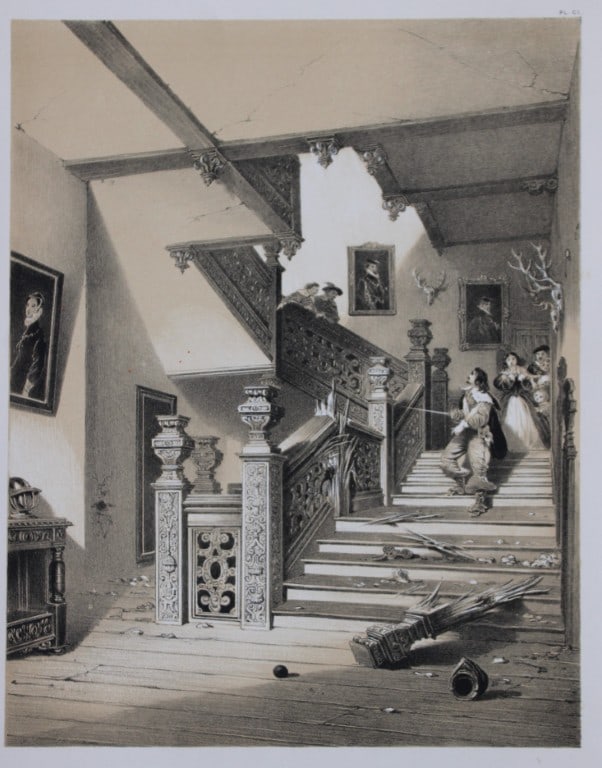 Nash J - Lithograph of Aston Hall in Warwickshire 1869: This lithograph of the Staircase at Aston Hall in Warwickshire is from The Mansions of England in the Olden Time by Joseph Nash. Printed by M & N Hanhart and published by Henry Sotheran & Co., London,