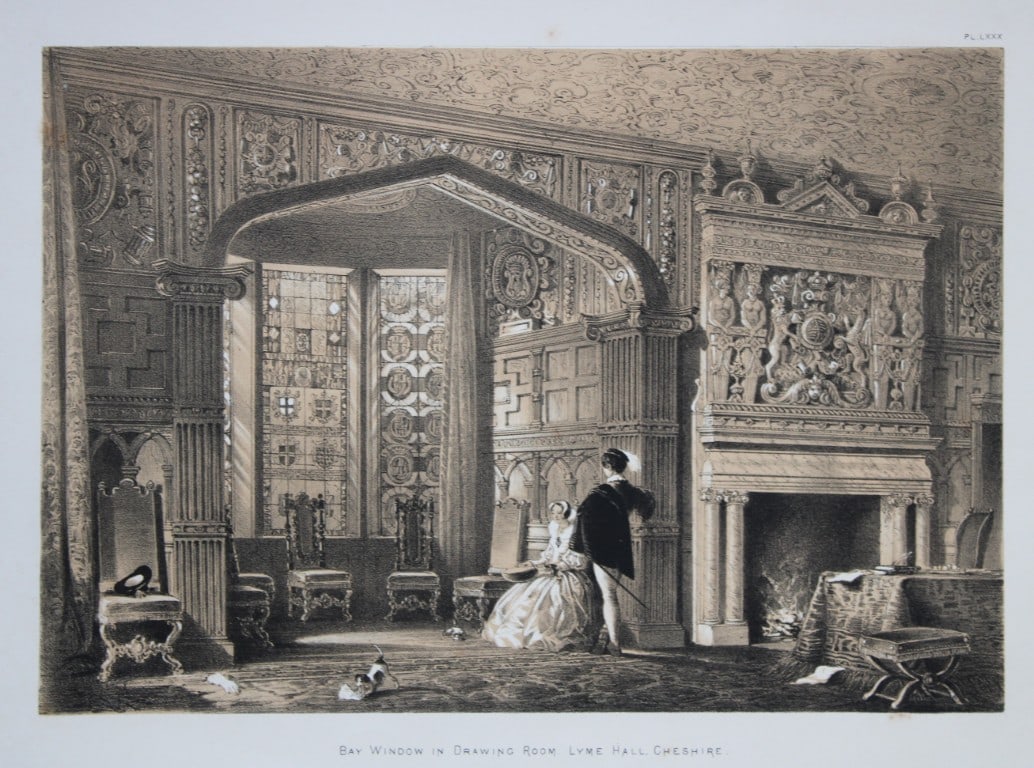 Nash J - Lithograph of Lyme Hall, Cheshire 1869: This lithograph of the Bay Window in the Drawing Room at Lyme Hall in Cheshire is from The Mansions of England in the Olden Time by Joseph Nash. Printed by M & N Hanhart and published by Henry Sothera