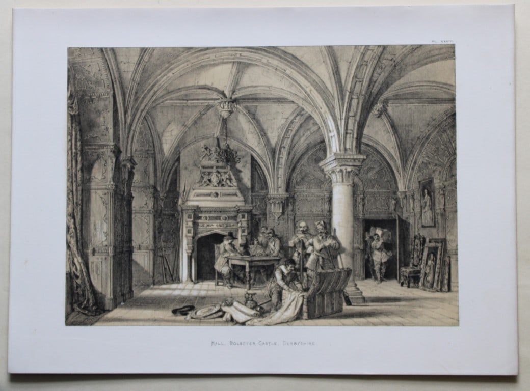 Nash J - Lithograph of Bolsover Castle in Derbyshire 1869: This lithograph of the Hall at Bolsover Castle in Derbyshire is from The Mansions of England in the Olden Time by Joseph Nash. Printed by M & N Hanhart and published by Henry Sotheran & Co., London, i