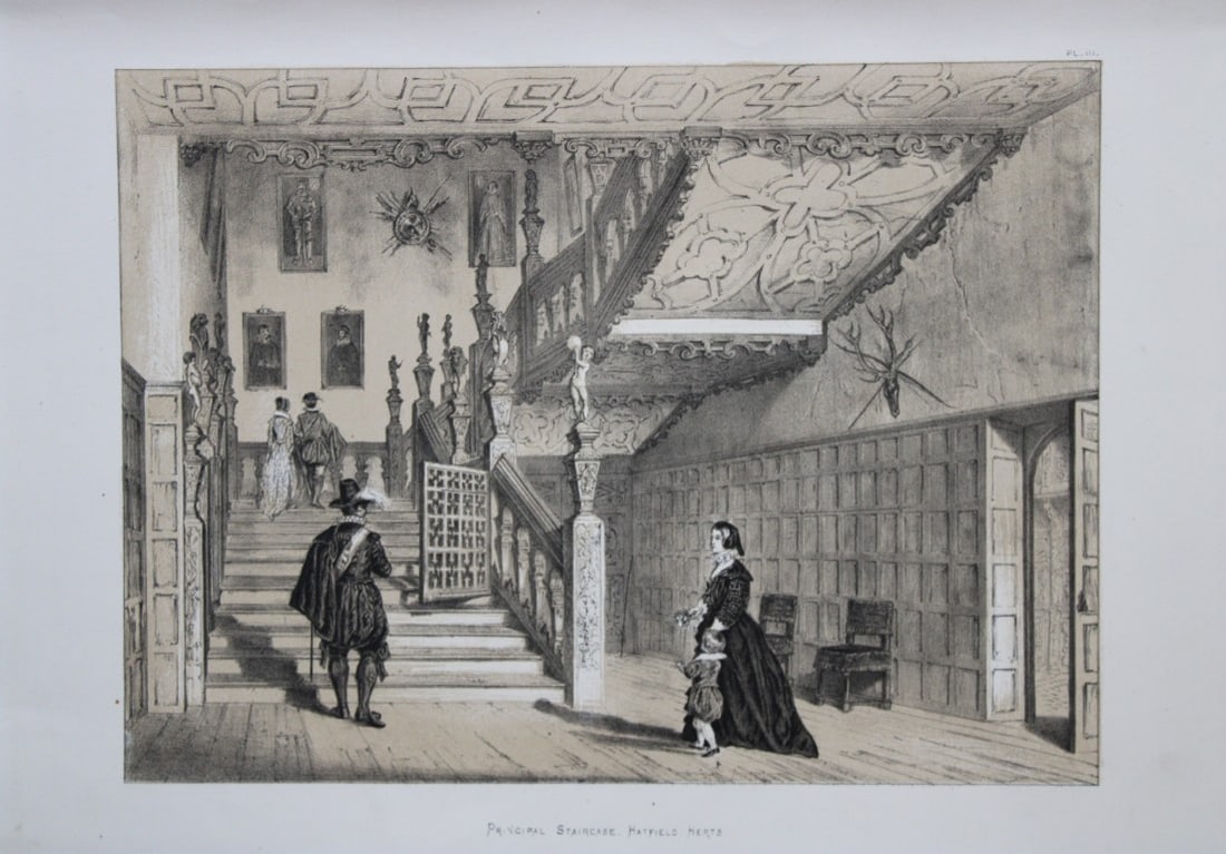 Nash J - Lithograph of Hatfield House, Hertfordshire 1869: This lithograph of the Principal Staircase at Hatfield House, Hertfordshire is from The Mansions of England in the Olden Time by Joseph Nash. Printed by M & N Hanhart and published by Henry Sotheran &