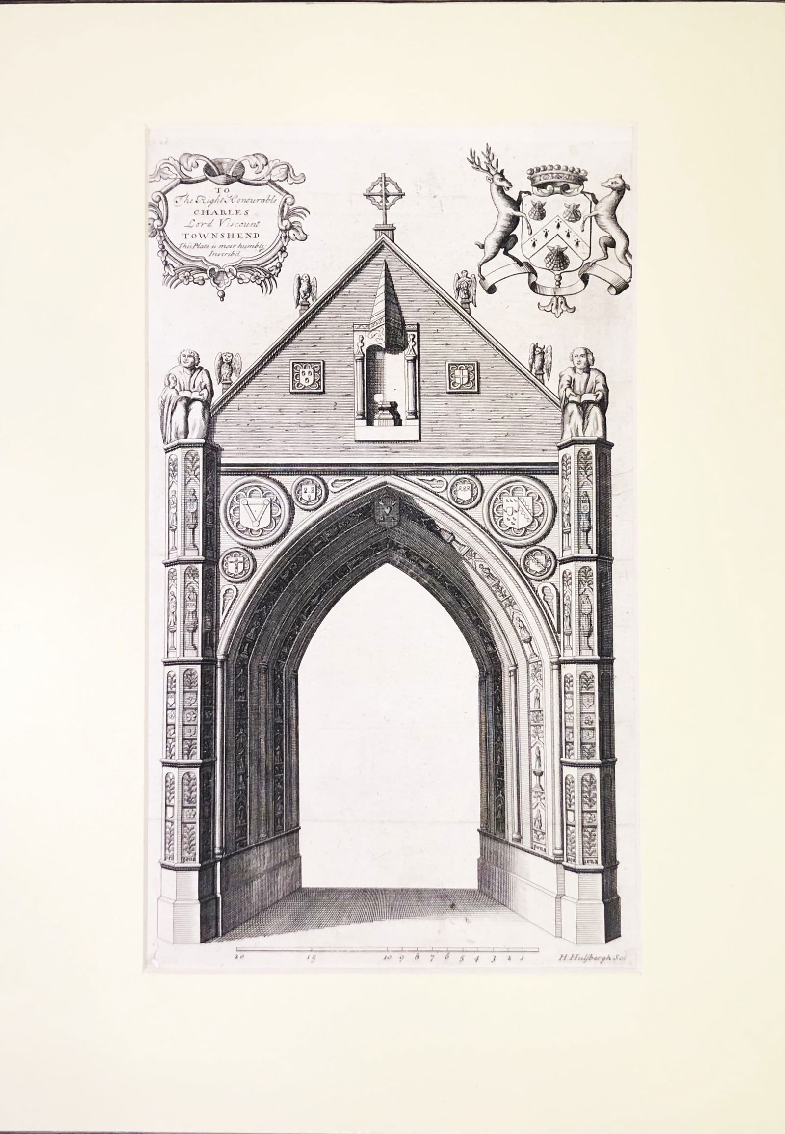 Hulsbergh H - Prospect of a portal at Norwich Cathedral 1723: This engraving of a prospect of a portal at Norwich Cathedral is from the Posthumous Works of the learned Sir Thomas Browne, Kt ... or, the Antiquities of the Cathedral Church of Norwich. Published by
