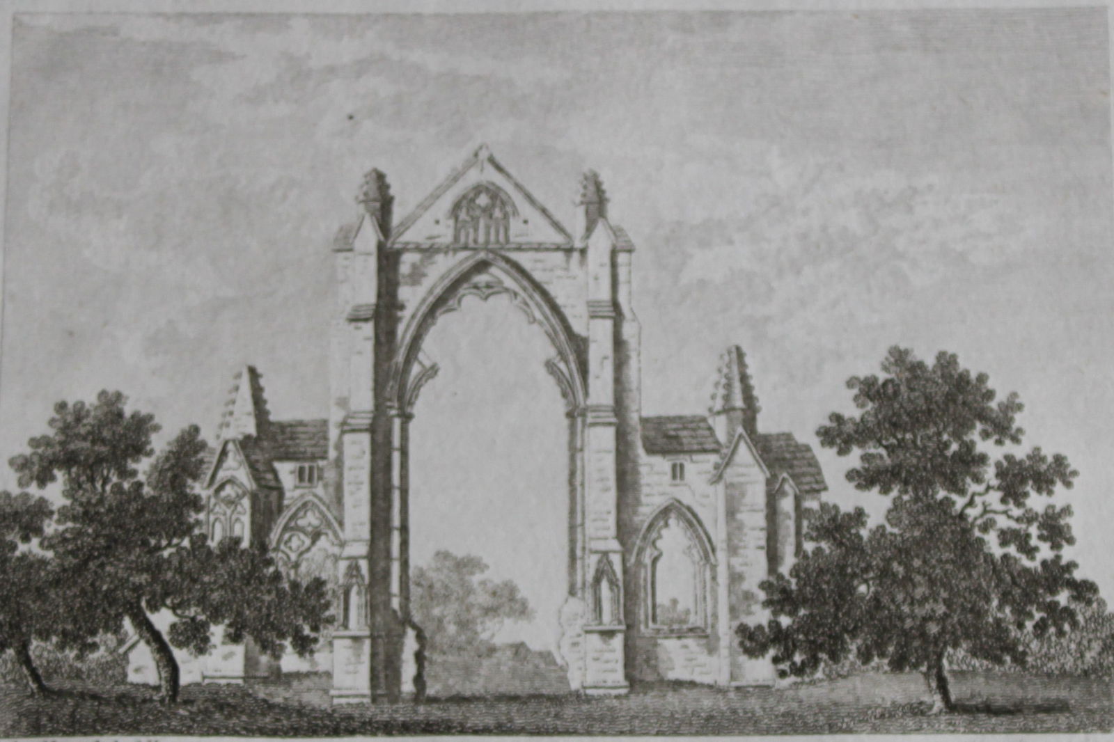 J Godfrey - Engraving of Giseburne Priory, Yorkshire 1785: This copperplate engraved print of Gisborough Priory, here called Giseburne Priory, a ruined Augustinian priory in Guisborough in the borough of Redcar and Cleveland, in the county of North Yorkshire,