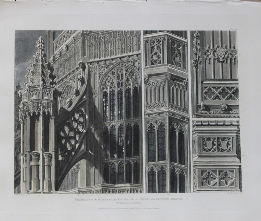 F Mackenzie - Henry VII Chapel in Westminster Abbey engraved by T Sutherland 1812: This aquatint print is from The History of the Abbey Church of St. Peter's Westminster, Its Antiquities and Monuments by Rudolph Ackermann and William Combe, published in London 1812.One of the quinte