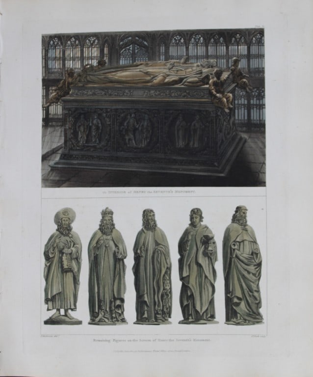 F Mackenzie - Henry VII Monument in Westminster Abbey engraved by J Bluck 1812: This aquatint print is from The History of the Abbey Church of St. Peter's Westminster, Its Antiquities and Monuments by Rudolph Ackermann and William Combe, published in London 1812.One of the quinte