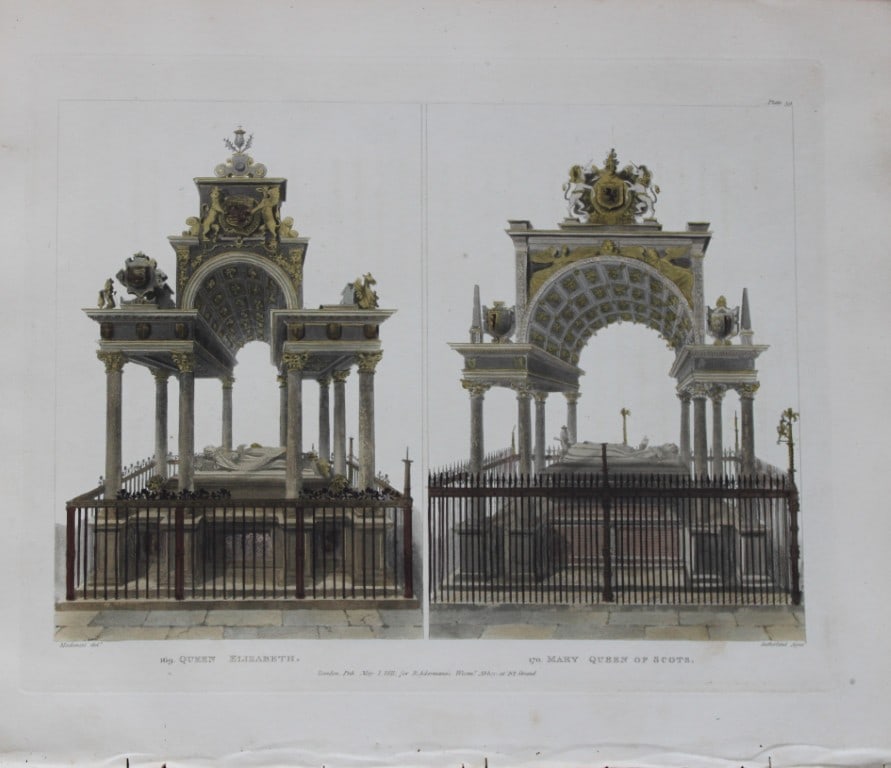 F Mackenzie - Queens' Tombs in Westminster Abbey engraved by T Sutherland 1812: This aquatint print is from The History of the Abbey Church of St. Peter's Westminster, Its Antiquities and Monuments by Rudolph Ackermann and William Combe, published in London 1812.One of the quinte