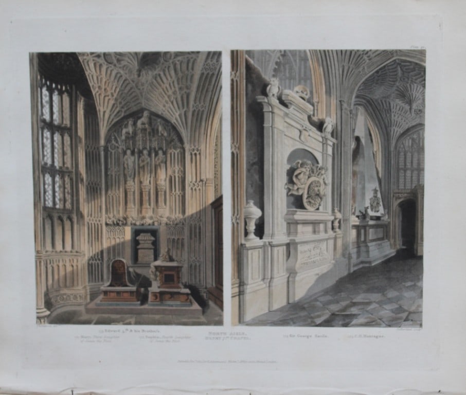 Thompson - North Aisle in Westminster Abbey engraved by T Sutherland 1812: This aquatint print is from The History of the Abbey Church of St. Peter's Westminster, Its Antiquities and Monuments by Rudolph Ackermann and William Combe, published in London 1812.One of the quinte