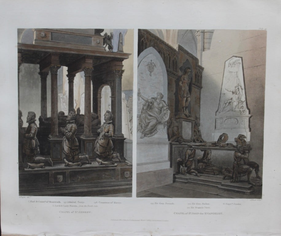 A Pugin - Chapels of St Andrews and St John in Westminster Abbey by J Bluck 1812: This aquatint print is from The History of the Abbey Church of St. Peter's Westminster, Its Antiquities and Monuments by Rudolph Ackermann and William Combe, published in London 1812.One of the quinte