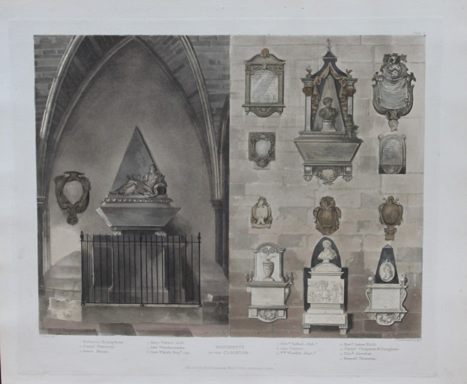 J White - Monuments in Westminster Abbey engraved by T Sutherland 1812: This aquatint print is from The History of the Abbey Church of St. Peter's Westminster, Its Antiquities and Monuments by Rudolph Ackermann and William Combe, published in London 1812.One of the quinte