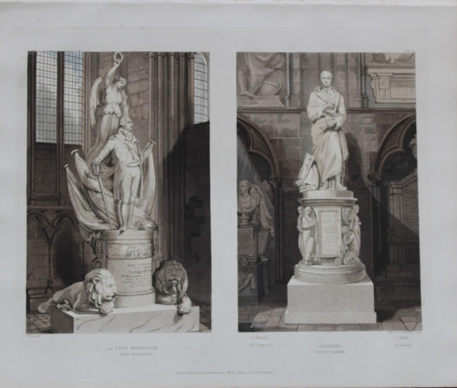 T Uwins - Montague and Addison in Westminster Abbey by J Hamble 1812: This aquatint print is from The History of the Abbey Church of St. Peter's Westminster, Its Antiquities and Monuments by Rudolph Ackermann and William Combe, published in London 1812.One of the quinte