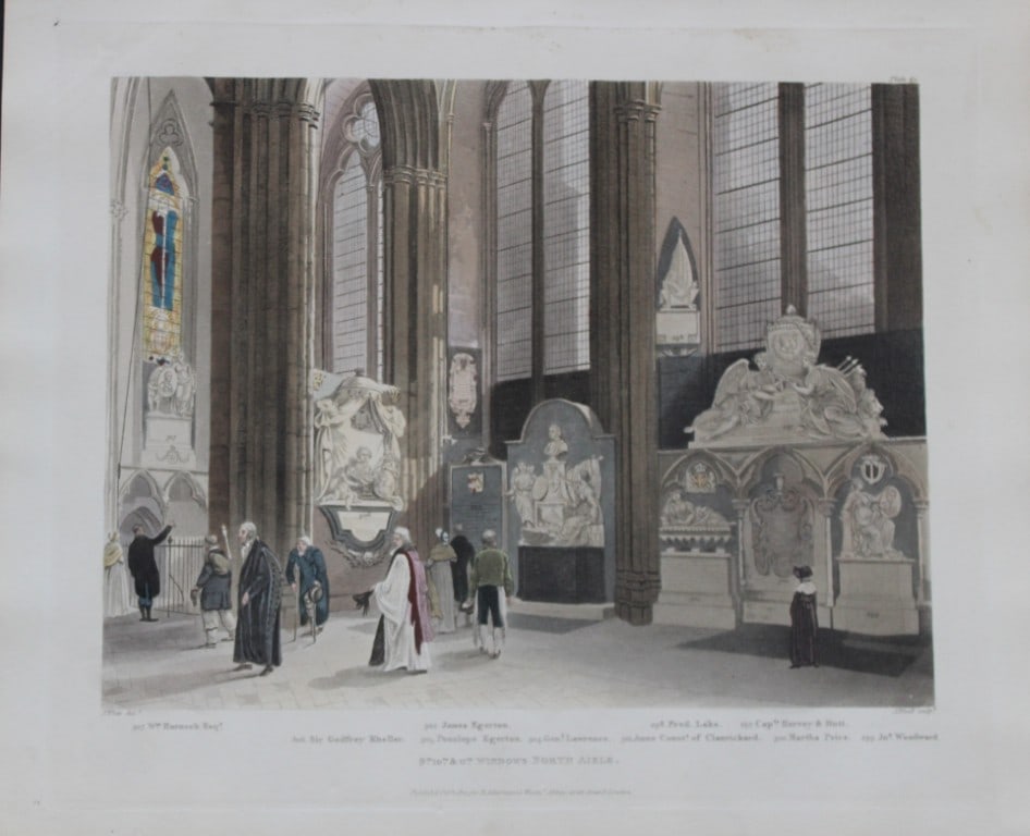 J White - North Aisle in Westminster Abbey engraved by J Bluck 1812: This aquatint print is from The History of the Abbey Church of St. Peter's Westminster, Its Antiquities and Monuments by Rudolph Ackermann and William Combe, published in London 1812.One of the quinte