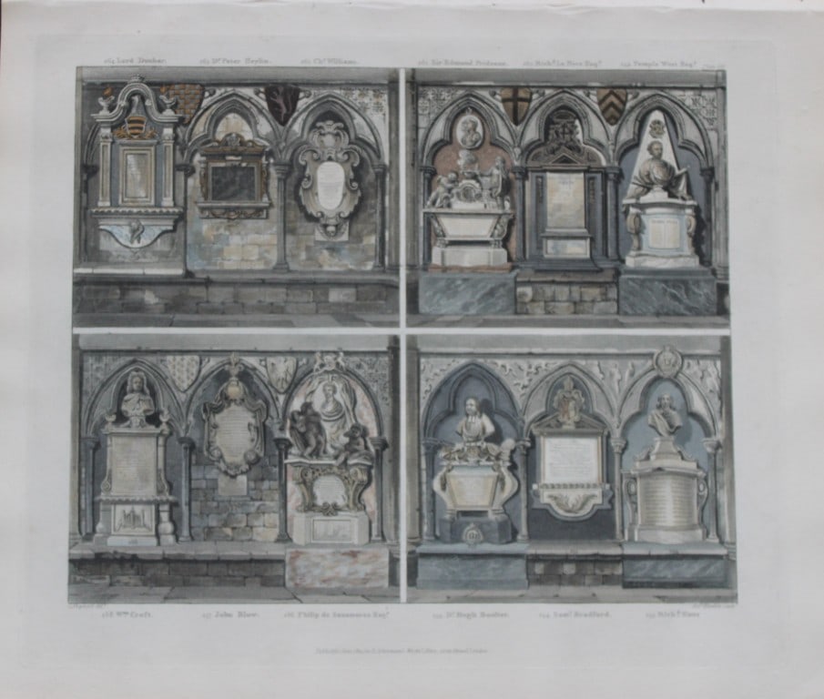 G Shepherd - Monuments in Westminster Abbey engraved by J Hamble 1812: This aquatint print is from The History of the Abbey Church of St. Peter's Westminster, Its Antiquities and Monuments by Rudolph Ackermann and William Combe, published in London 1812.One of the quinte