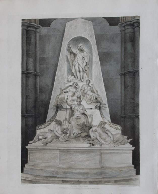 H Villiers - Lord Chatham in Westminster Abbey engraved by Sutherland 1812: This aquatint print is from The History of the Abbey Church of St. Peter's Westminster, Its Antiquities and Monuments by Rudolph Ackermann and William Combe, published in London 1812.One of the quinte