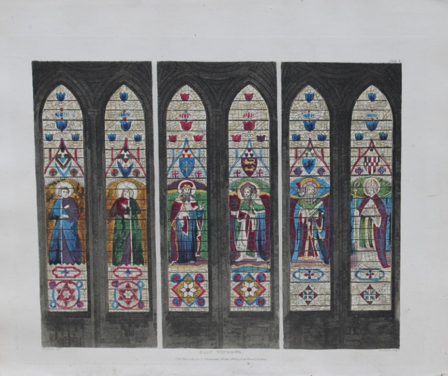 J White - North Aisle Windows in Westminster Abbey engraved by J Bluck 1812: This aquatint print is from The History of the Abbey Church of St. Peter's Westminster, Its Antiquities and Monuments by Rudolph Ackermann and William Combe, published in London 1812.One of the quinte