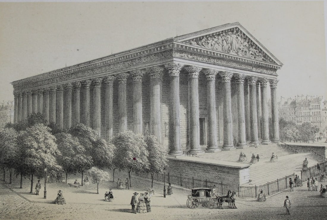 Charles Riviere - Eglise de la Madeleine 1867: This chromolithograph by Charles Riviere is from Paris d'apr?s la photographie by Maison Martin. Published by Michel and printed by Becquet Freres Paris 1867.Rivi?re based his very accurate drawings o
