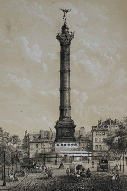 Charles Riviere - Colonne de Juillet 1867: This chromolithograph by Charles Riviere is from Paris d'apr?s la photographie by Maison Martin. Published by Michel and printed by Becquet Freres Paris 1867.Rivi?re based his very accurate drawings o