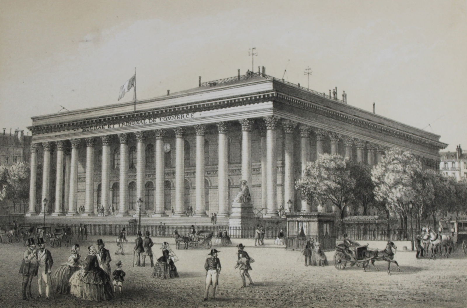 Charles Riviere - Palais de la Bourse 1867: This chromolithograph by Charles Riviere is from Paris d'apr?s la photographie by Maison Martin. Published by Michel and printed by Becquet Freres Paris 1867.Rivi?re based his very accurate drawings o