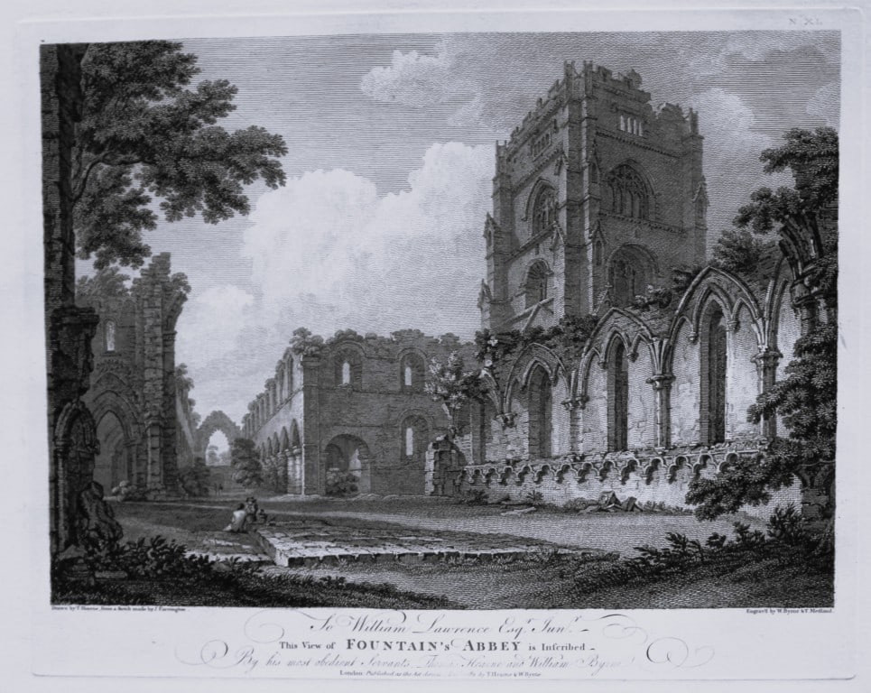 Thomas Hearne - Fountains Abbey Yorkshire 1786: This antique copper engraving was published in The Antiquities of Great Britain, illustrated in Views of Monasteries, Castles, and Churches now existing. Printed by James Phillips, London and publishe