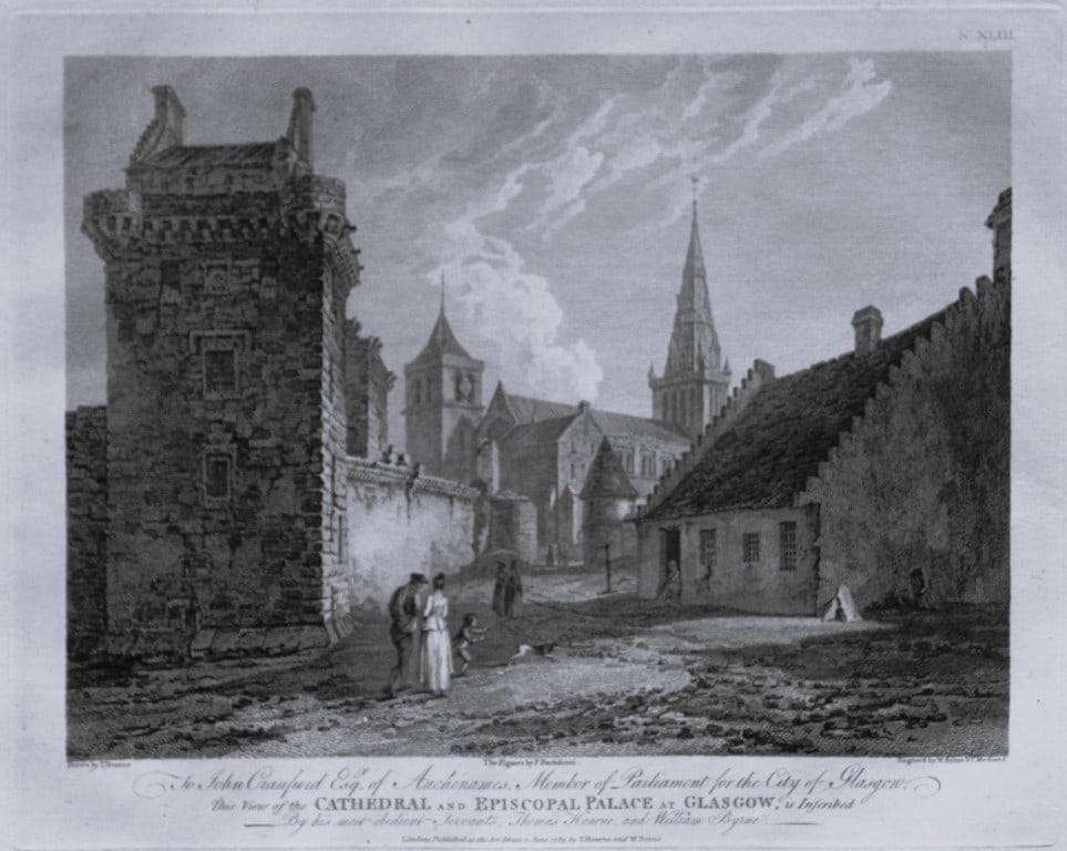 Thomas Hearne - Cathedral and Palace Glasgow 1786: This antique copper engraving was published in The Antiquities of Great Britain, illustrated in Views of Monasteries, Castles, and Churches now existing. Printed by James Phillips, London and publishe