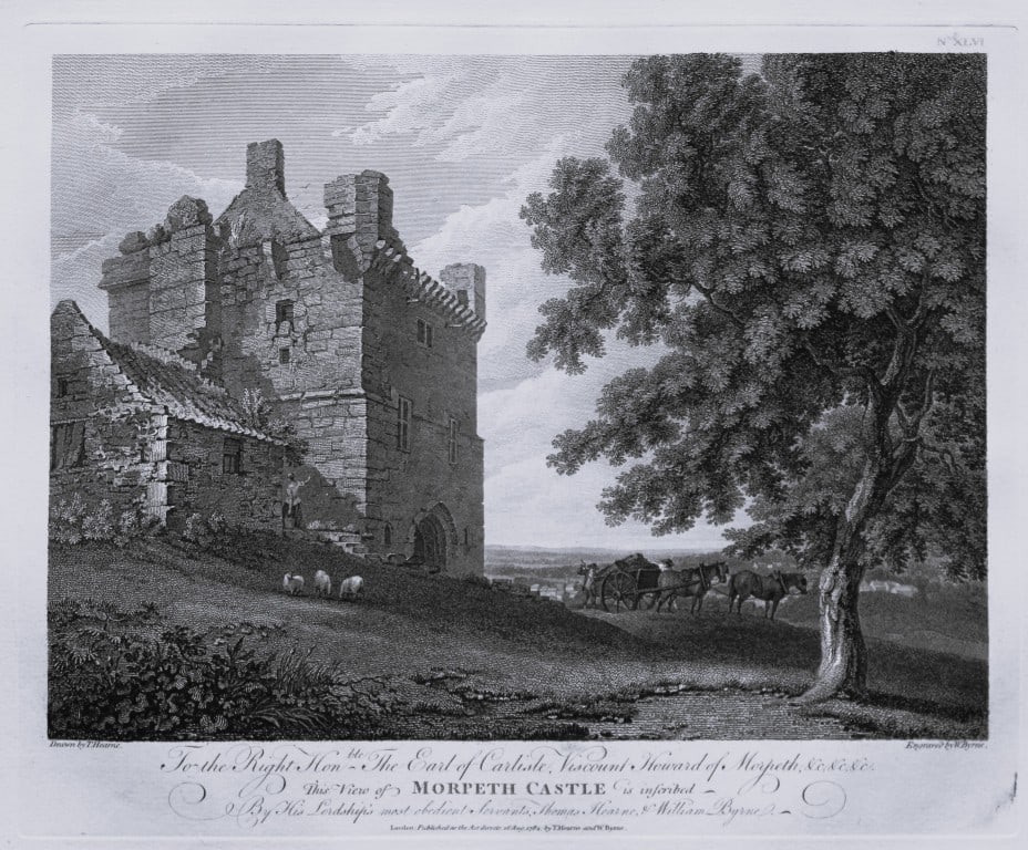 Thomas Hearne - Morpeth Castle Northumberland 1786: This antique copper engraving was published in The Antiquities of Great Britain, illustrated in Views of Monasteries, Castles, and Churches now existing. Printed by James Phillips, London and publishe