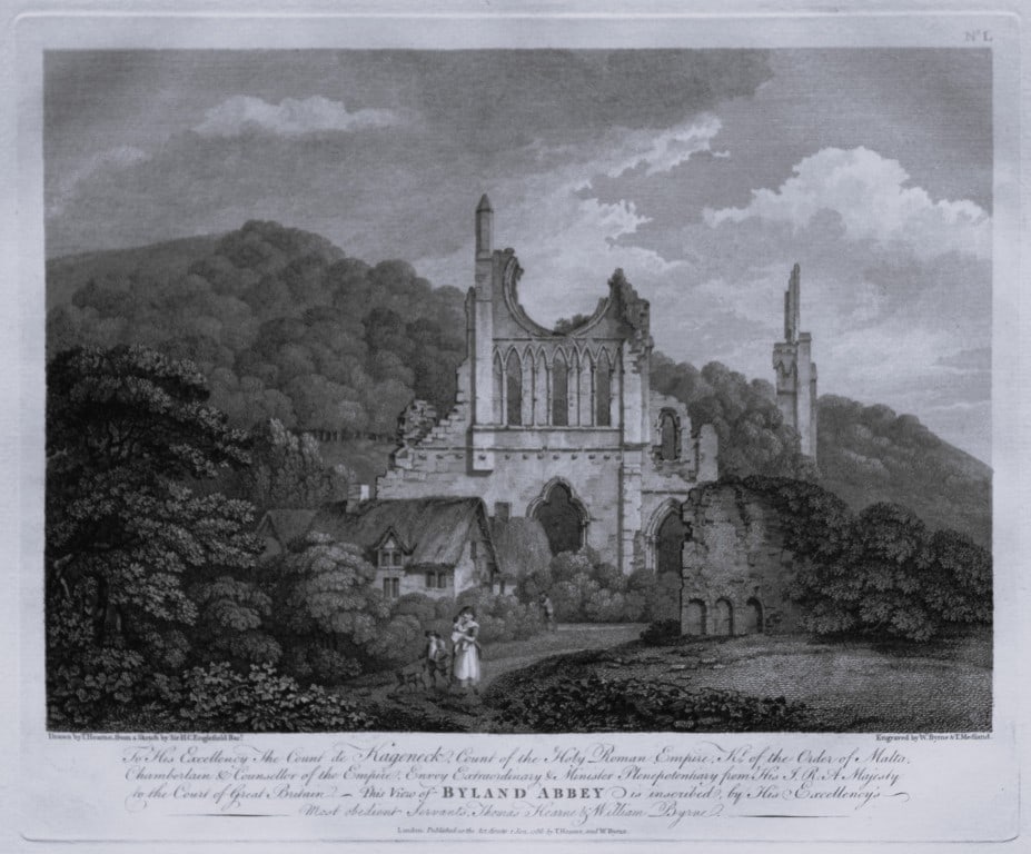 Thomas Hearne - Byland Abbey Yorkshire 1786: This antique copper engraving was published in The Antiquities of Great Britain, illustrated in Views of Monasteries, Castles, and Churches now existing. Printed by James Phillips, London and publishe