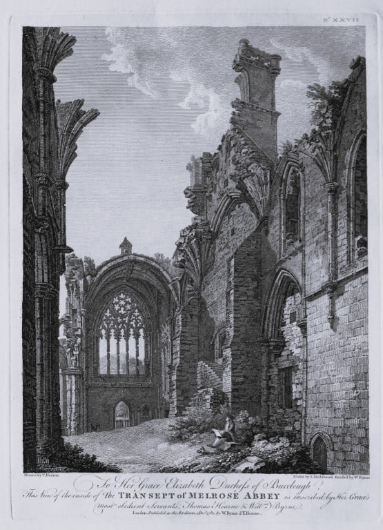 Thomas Hearne - Transept at Melrose Abbey 1786: This antique copper engraving was published in The Antiquities of Great Britain, illustrated in Views of Monasteries, Castles, and Churches now existing. Printed by James Phillips, London and publishe