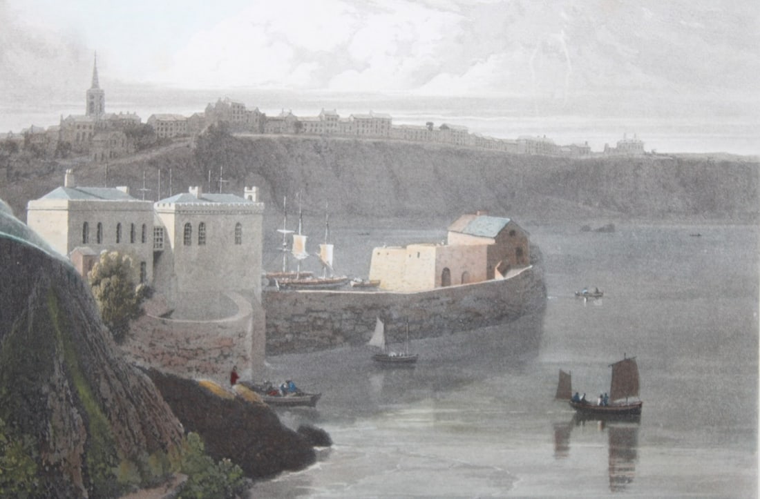 W Daniell - Tenby, Pembrokeshire c1820: This engraving is from A Voyage Round Great Britain by William Daniell. Printed by Longman, Hurst, Rees, Orme and Brown, London, 1814-25. Hand-coloured aquatint from this work were drawn Daniell and e