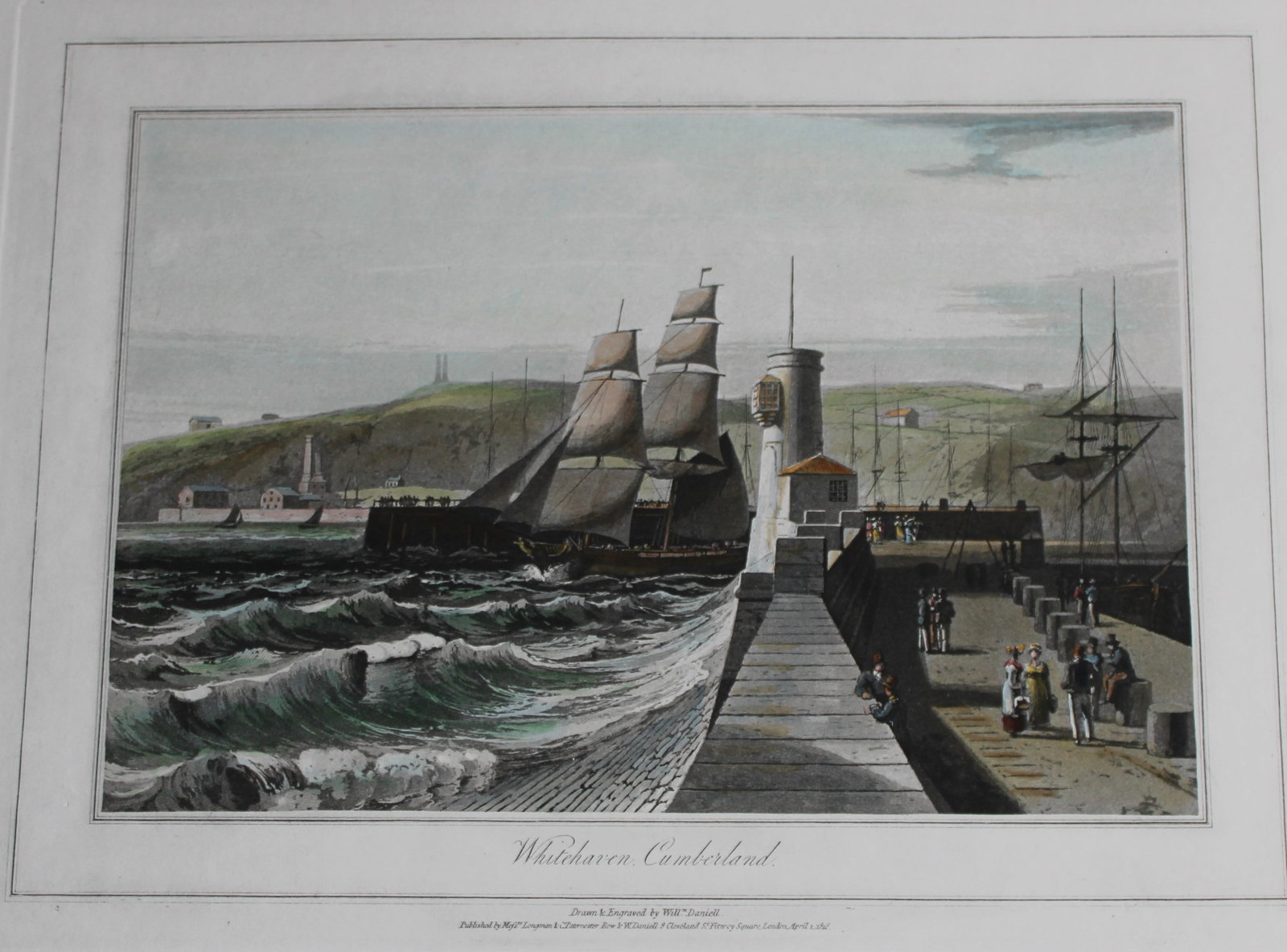 W Daniell - Whitehaven Cumberland c1820: This engraving is from A Voyage Round Great Britain by William Daniell. Printed by Longman, Hurst, Rees, Orme and Brown, London, 1814-25. Hand-coloured aquatint from this work were drawn Daniell and e