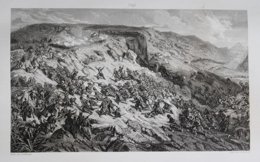 Bellange - Capture of The Feniah Of Mouza?a c1860: This engraving depicts the French army capturing Feniah of Mouzaia, Algeria engraved by Outhwaite after a painting by Bellange. Published by Gallerie Historique de Versailles c1860.The inscription at