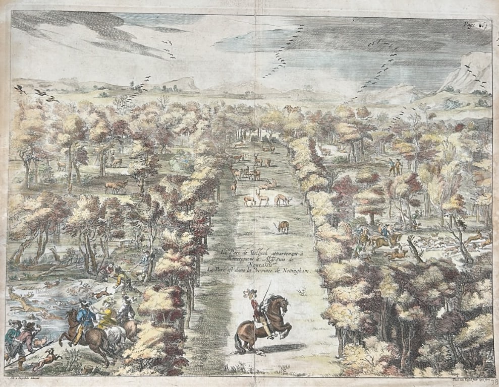 Caukercken - Welbeck Park, Nottingham after Diepenbeeck 1743: Welbeck Park, owned by the Marquess of Newcastle, is in the County of Nottingham.Inscription in the engraving: Le Parc de Welbeck appartenant a Monseigneur le Marquis de Newcastle. Le Parc est dans la