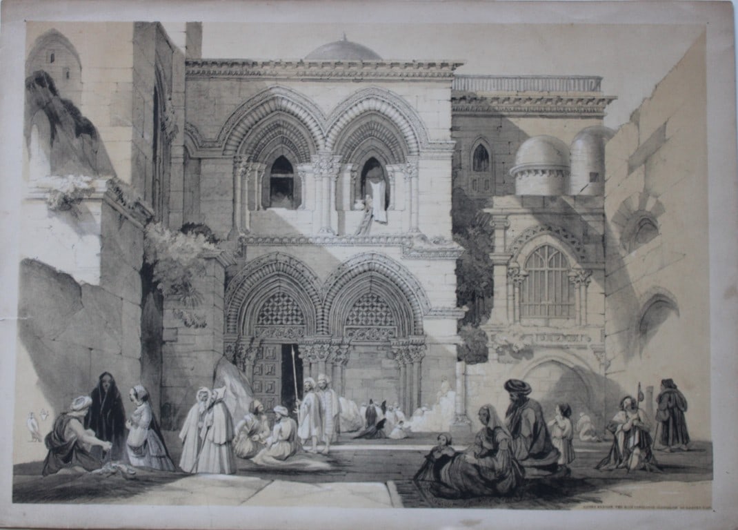 Margaretta Burr - Holy Sepulchre, Jerusalem c1840: The sepia engraving was drawn by Anne-Margaretta Burr and is entitled Court before the Holy Sepulchre Jerusalem, at Easter time. Anne-Margaretta Burr, also known as Margaretta Higford Burr, was a Brit