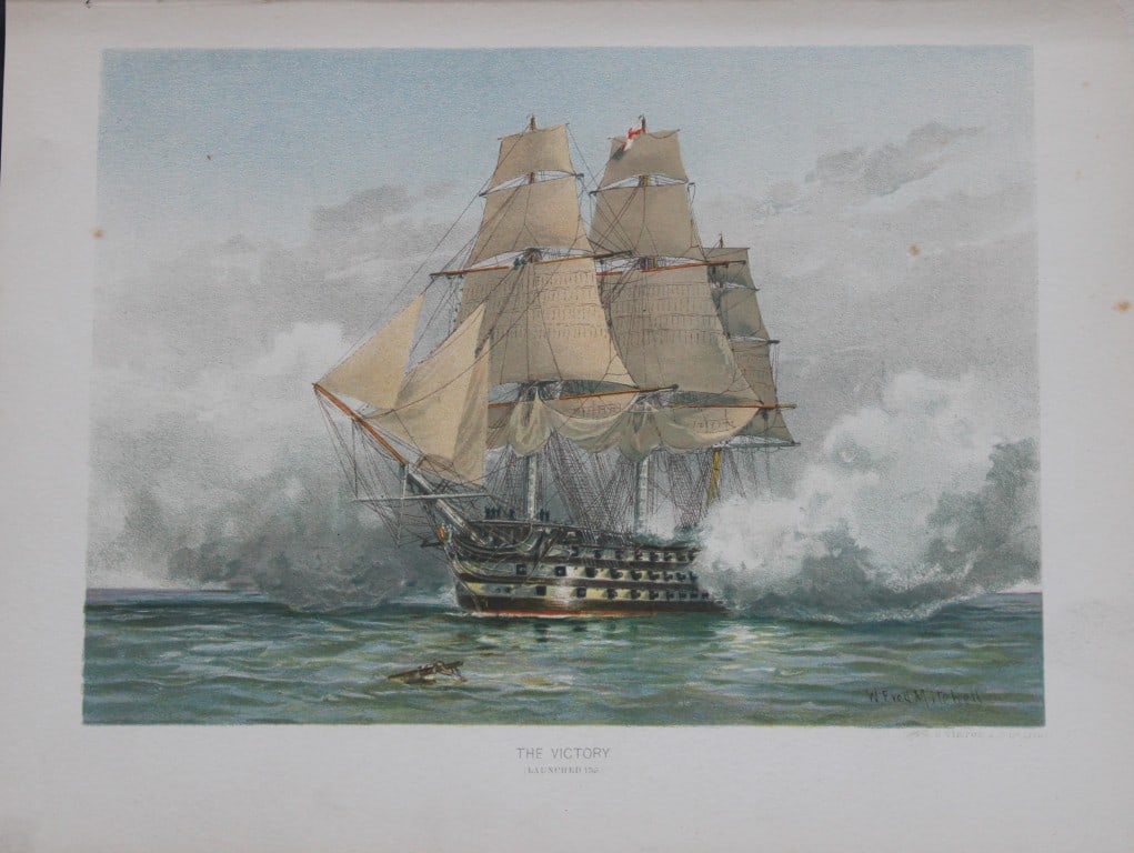 WF Mitchell - HMS The Victory 1890: This illustration is from the magnificent three-volume history of the British Navy entitled Her Majesty's Navy, published in London between 1890 and 1893, at the height of Queen Victoria's British Emp