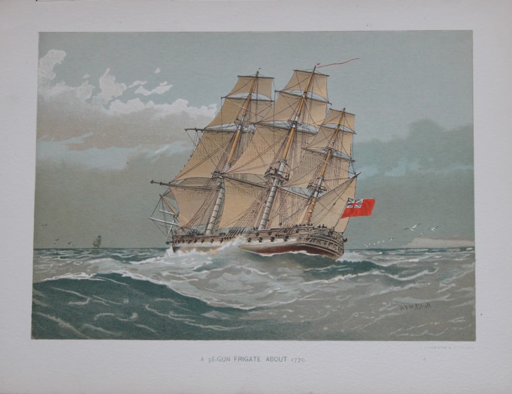 WF Mitchell - A 38-Gun Frigate 1890: This illustration is from the magnificent three-volume history of the British Navy entitled Her Majesty's Navy, published in London between 1890 and 1893, at the height of Queen Victoria's British Emp