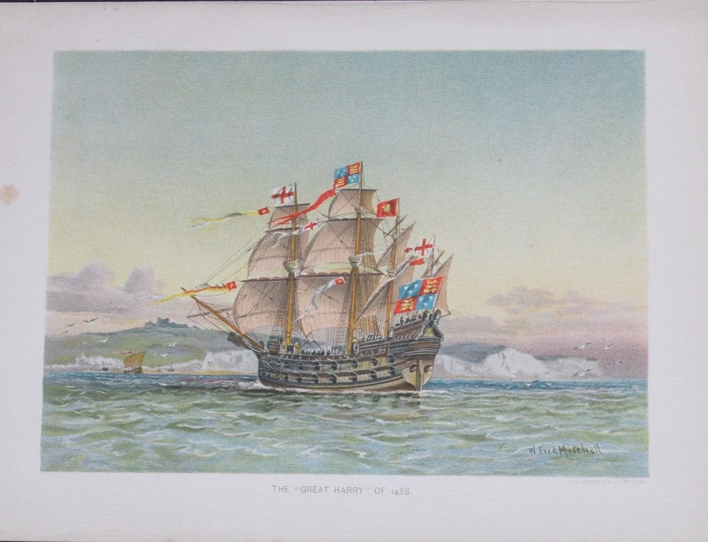 WF Mitchell - The Great Harry 1890: This illustration is from the magnificent three-volume history of the British Navy entitled Her Majesty's Navy, published in London between 1890 and 1893, at the height of Queen Victoria's British Emp