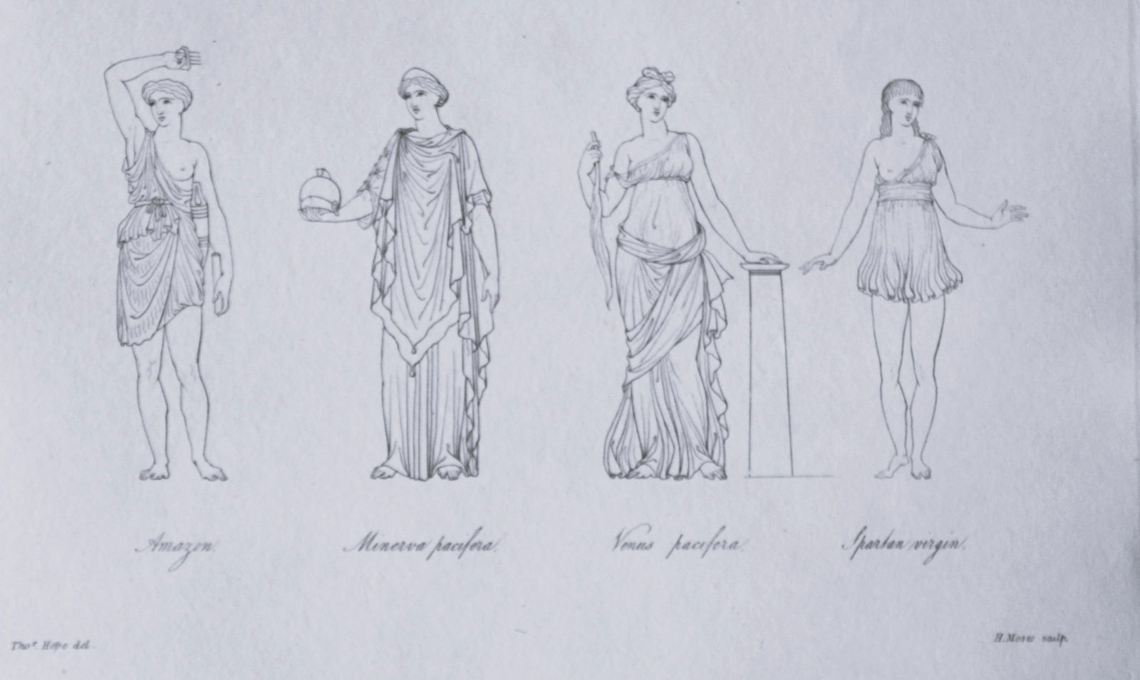 Thomas Hope - Minerva, Venus, Amazon and Spartan 1812: This engraved plate is from Costume of the Ancients by Thomas Hope Printed by W Bulmer and Co, London 1812.Size 11.5in x 9.25in
