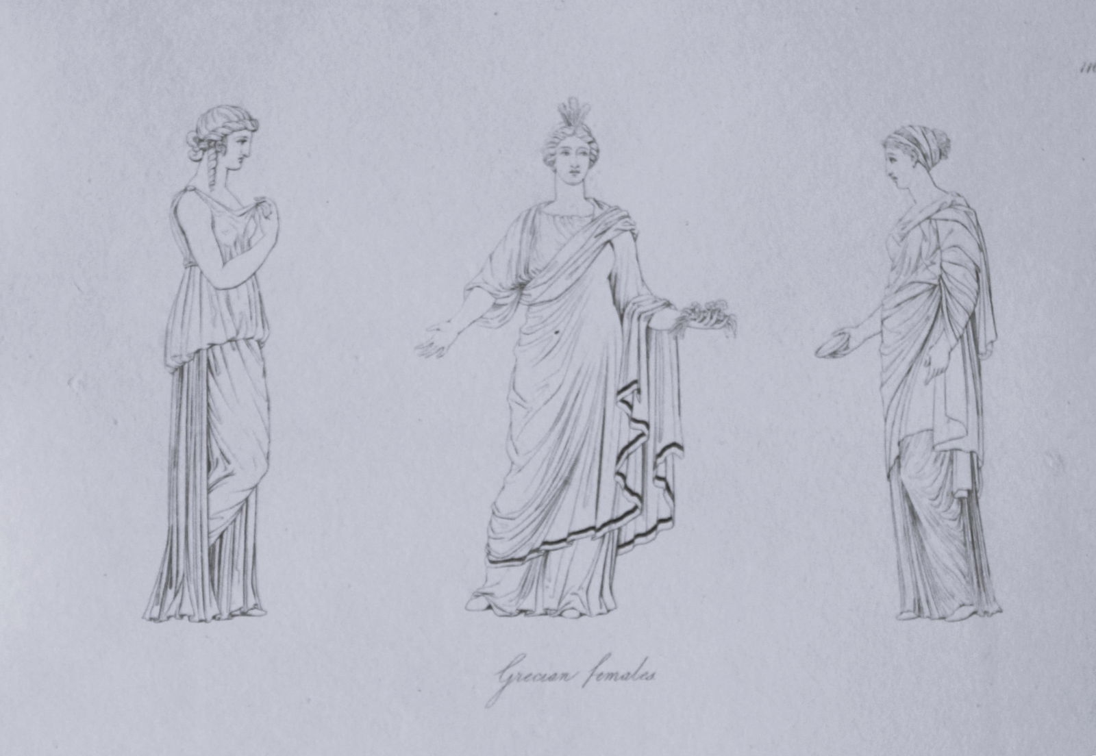 Thomas Hope - Grecian females1812: This engraved plate is from Costume of the Ancients by Thomas Hope Printed by W Bulmer and Co, London 1812.Size 11.5in x 9.25in