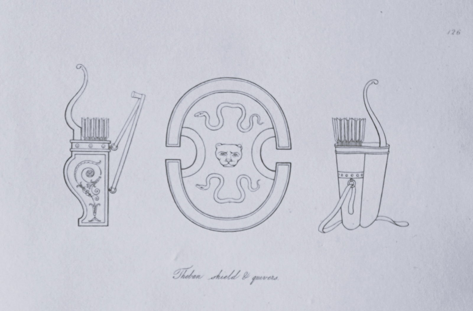 Thomas Hope - Theban shield and quivers 1812: This engraved plate is from Costume of the Ancients by Thomas Hope Printed by W Bulmer and Co, London 1812.Size 11.5in x 9.25in