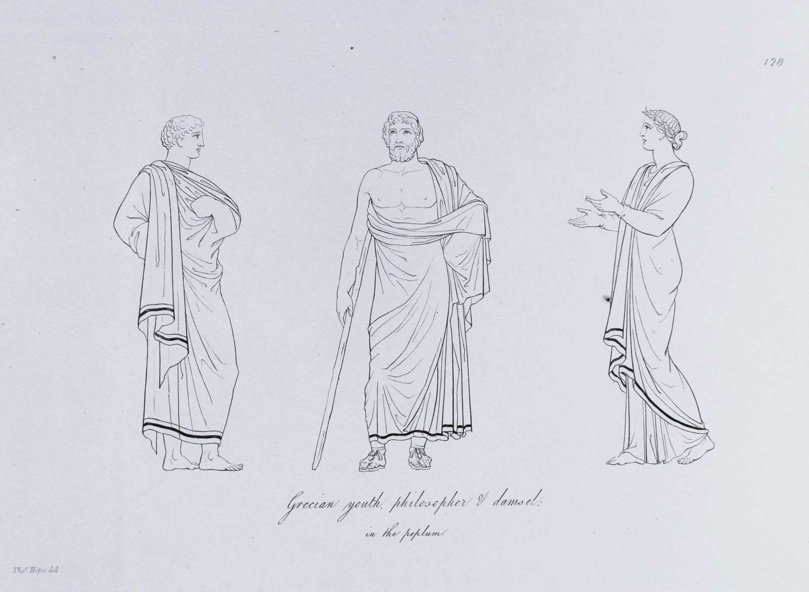 Thomas Hope - Greek youth, philosopher and damsel 1812: This engraved plate is from Costume of the Ancients by Thomas Hope Printed by W Bulmer and Co, London 1812.Size 11.5in x 9.25in