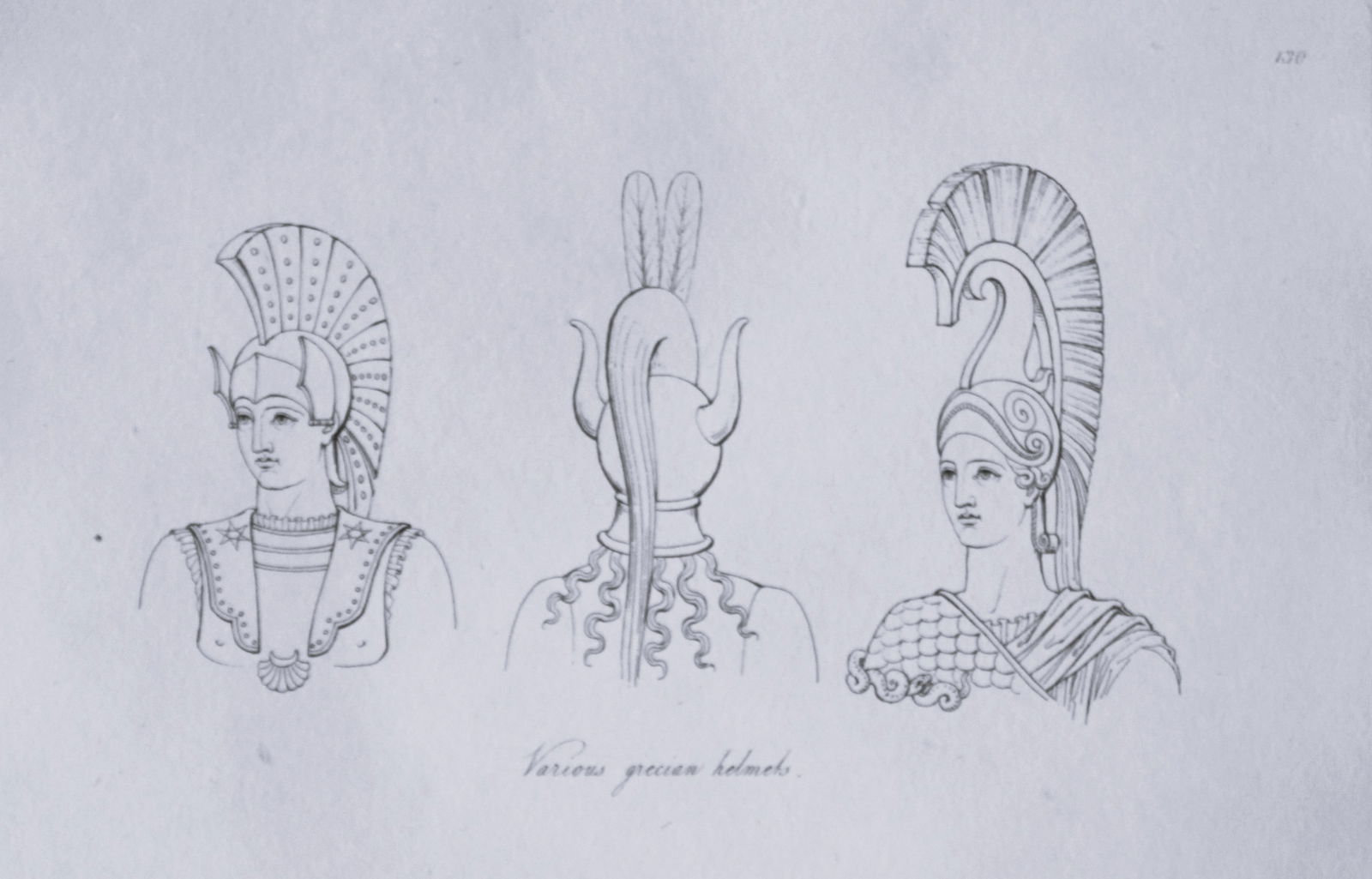 Thomas Hope - Greek helmets 1812: This engraved plate is from Costume of the Ancients by Thomas Hope Printed by W Bulmer and Co, London 1812.Size 11.5in x 9.25in