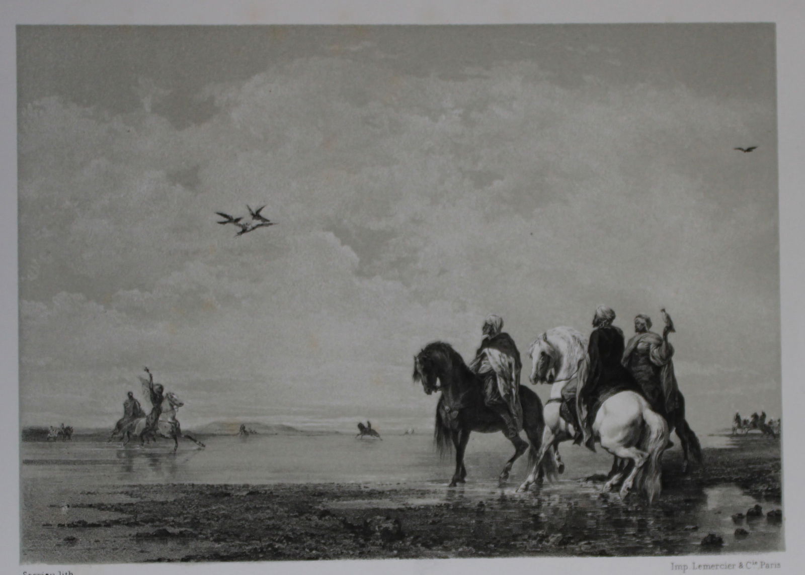 F Sorrieu - Heron hunt in Algeria 1865: Chasse au Heron en Algerie lithographed by Frederic Sorrieu after a drawing by Eugene Fromentin. Published by Lemercier, Paris 1865.Size: 7.5in x 11in (19cm x 28cm)