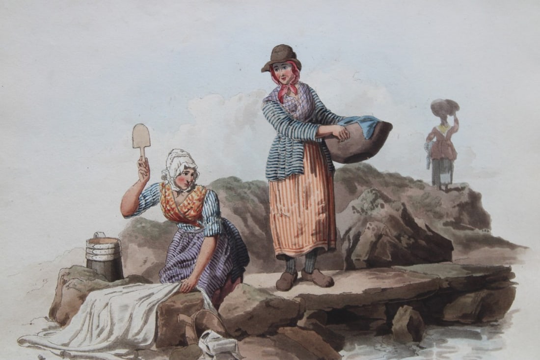 Welsh Peasants by WH Pyne 1808: This aquatint engraving of Welsh Peasants is from The Costumes of Great Britain designed, engraved and written by William Henry Pyne, published in 1808 by William Miller, London. Thiss is a rare origi